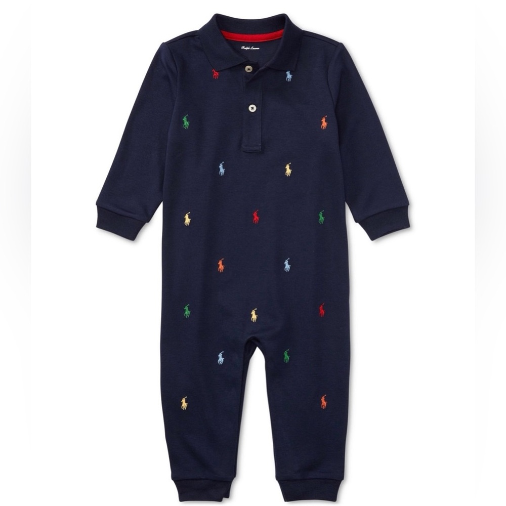 Polo Ralph Lauren Navy Blue Baby Boys Schiffli Cotton Coverall